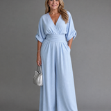 Ragnhild – Draperad overall med v-ringning och vida ben
