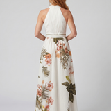 Bodil – Draperad halter maxiklänning med botanisk panel