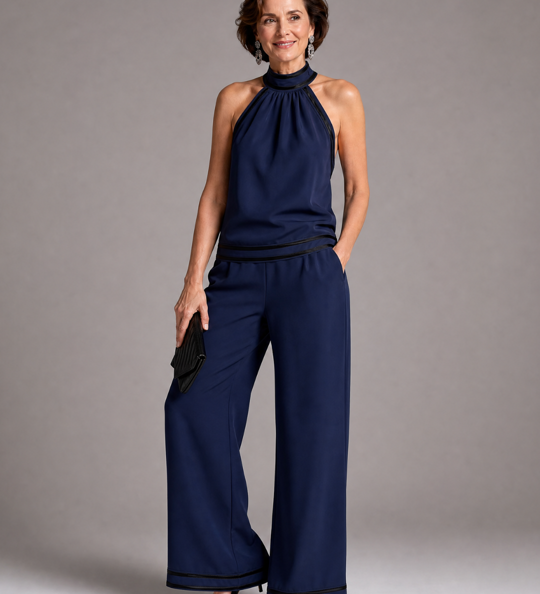 Therese – Overall med halterneck, vida ben och kontrastkant