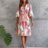 Vestido de manga farol con cuello con muescas y estampado