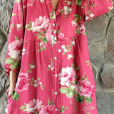 Maddie Art Floral Klänning 100% Bomull V-Hals Rosa